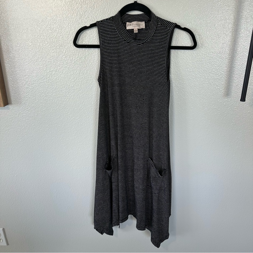 Philosophy Sleeveless Handkerchief High Mock Neck Dress Striped Black/White, S - Picture 2 of 11